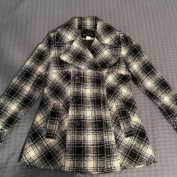 Moda International Women Small Wool Blend Double Breasted Plaid Pea Coat - Picture 2 of 8